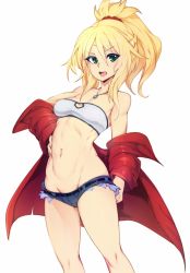 Rule 34 | 1girl, bad id, bad twitter id, bandeau, belly, blonde hair, braid, breasts, cutoffs, denim, denim shorts, fate/apocrypha, fate (series), french braid, green eyes, hair ornament, hair scrunchie, highres, jacket, long hair, looking at viewer, medium breasts, micro shorts, midriff, mordred (fate), mordred (fate/apocrypha), mordred (memories at trifas) (fate), navel, off shoulder, open mouth, ponytail, red jacket, red scrunchie, scrunchie, shiny skin, shorts, simple background, slugbox, solo, standing, white background