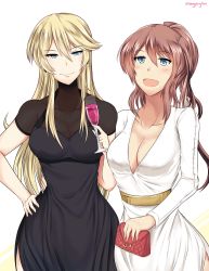 Rule 34 | 10s, 2girls, absurdres, alternate costume, alternate hairstyle, arm around waist, bag, belt, black dress, blonde hair, blue eyes, breasts, brown hair, cleavage, collarbone, cup, dress, drinking glass, evening gown, eyebrows, formal, hair between eyes, hair down, hand on own hip, handbag, highres, iowa (kancolle), kantai collection, large breasts, long hair, looking at viewer, multiple girls, open mouth, ponytail, saratoga (kancolle), see-through, side ponytail, simple background, smile, twitter username, wangphing, white background, white dress, wide hips, wine glass
