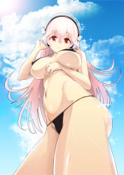 Rule 34 | 1girl, bikini, black bikini, blue sky, breasts, closed mouth, cloud, day, from below, green322, headphones, highres, large breasts, long hair, looking at viewer, navel, nitroplus, pink eyes, pink hair, sky, solo, sparkle, sun, super sonico, swimsuit
