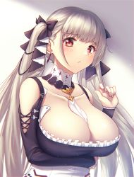 Rule 34 | 1girl, azur lane, bare shoulders, between breasts, black bow, black dress, blush, bow, breasts, cleavage, closed mouth, clothing cutout, collarbone, detached collar, dress, earrings, fal (fal-se-0), formidable (azur lane), frilled dress, frills, hair bow, jewelry, large breasts, long hair, long sleeves, looking at viewer, red eyes, shoulder cutout, silver hair, solo, twintails, upper body, very long hair