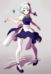 Rule 34 | 1girl, apron, black bow, black footwear, black panties, blue dress, blush, bow, bowtie, braid, breasts, dress, full body, green bow, green bowtie, hair bow, high heels, highres, holding, holding knife, izayoi sakuya, knife, looking at viewer, maid headdress, mayonaka taruho, medium breasts, panties, pantyshot, parted lips, puffy short sleeves, puffy sleeves, red eyes, shoes, short sleeves, side-tie panties, silver hair, solo, standing, thighhighs, touhou, twin braids, underwear, waist apron, white thighhighs
