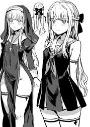 Rule 34 | 1girl, arms behind back, asanagi, blush, bow, braid, breasts, closed mouth, commentary request, cross, cross necklace, detached sleeves, dress, french braid, greyscale, habit, hair bow, jewelry, long hair, long sleeves, microdress, monochrome, multiple views, necklace, no panties, nun, original, pelvic curtain, puffy long sleeves, puffy sleeves, sailor dress, short dress, side slit, simple background, sketch, skindentation, small breasts, smile, thick thighs, thighhighs, thighs, white background, wide hips, zettai ryouiki