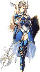 Rule 34 | 1girl, armor, armored boots, artist request, blonde hair, blue eyes, boots, breastplate, full body, gauntlets, helmet, highres, holding, holding weapon, kawata hisashi, kusugawa sasara, leotard, long hair, looking at viewer, polearm, shield, shoulder armor, solo, standing, thighhighs, to heart (series), to heart 2, to heart 2 dungeon travelers, transparent background, weapon