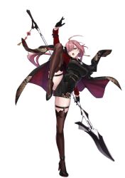 Rule 34 | 1girl, black coat, black footwear, black gloves, black thighhighs, breasts, ciel (counter:side), coat, counter:side, full body, gloves, grey eyes, holding, holding weapon, large breasts, leg lift, looking at viewer, medium breasts, official art, pink hair, polearm, solo, spear, tachi-e, thighhighs, transparent background, weapon