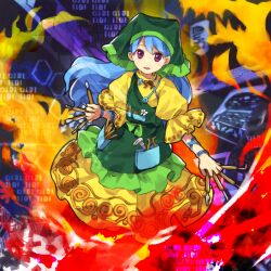 Rule 34 | 1girl, apron, binary, blue hair, commentary request, dress, flat chest, flower, frilled apron, frilled sleeves, frills, green apron, green headwear, haniyasushin keiki, head scarf, highres, holding, jewelry, kaigen 1025, long hair, looking at viewer, magatama, magatama necklace, necklace, open mouth, puffy short sleeves, puffy sleeves, purple eyes, short sleeves, single strap, smile, solo, tools, touhou, white flower, yellow dress