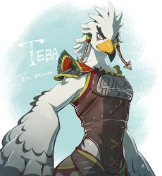 Rule 34 | 1boy, armor, beak, blue background, character name, closed mouth, earrings, furry, furry male, gradient background, jewelry, jigoku meguri, leather, looking at viewer, male focus, nintendo, rito, shoulder armor, teba (zelda), the legend of zelda, the legend of zelda: breath of the wild, upper body, yellow eyes