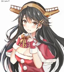 Rule 34 | 1girl, alternate costume, black hair, breasts, brown eyes, capelet, cleavage, commentary request, dress, eriyama e, fingerless gloves, fur-trimmed dress, fur trim, gift, gloves, hair ornament, hairband, hairclip, haruna (kancolle), headgear, kantai collection, large breasts, long hair, looking at viewer, red dress, red gloves, simple background, solo, twitter username, upper body, white background