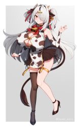 Rule 34 | 1girl, absurdres, animal ears, animal print, bare shoulders, bell, black footwear, black skirt, black thighhighs, blush, breasts, commentary request, cow ears, cow girl, cow horns, cow print, cow tail, cowbell, full body, grey background, grey hair, hair intakes, hair ornament, hair over one eye, hairclip, hand up, high heels, highres, horns, large breasts, long hair, marota, marota (character), mole, mole under eye, one eye covered, original, parted lips, red eyes, simple background, single thighhigh, skirt, smile, solo, tail, thighhighs, thighlet, twitter username, virtual youtuber