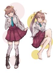 Rule 34 | 1girl, aqua necktie, barefoot, blazer, boots, brown hair, cross-laced footwear, dress, fetal position, full body, grey eyes, grey jacket, grey thighhighs, hair ribbon, highres, jacket, kantai collection, kazagumo (kancolle), lace-up boots, ld (luna dial398), long hair, looking at viewer, multiple views, necktie, pleated dress, ponytail, purple dress, ribbon, school uniform, standing, thighhighs