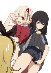 Rule 34 | 3girls, ;d, ass, black bow, black hair, blonde hair, bow, boxers, butt crack, clothes lift, dress, dress lift, hair bow, hair ribbon, highres, igusaharu, inoue takina, kurumi (lycoris recoil), leaning forward, lifting another&#039;s clothes, long hair, looking at another, looking down, lycoris recoil, lycoris uniform, male underwear, multiple girls, nishikigi chisato, one eye closed, one side up, open mouth, pleated dress, purple eyes, red eyes, red ribbon, ribbon, short hair, smile, sweatdrop, thighs, underwear, v over eye