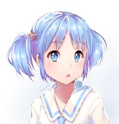 Rule 34 | 1girl, artist name, blue eyes, blue hair, chestnut mouth, gradient background, hyanna-natsu, matching hair/eyes, naganohara mio, necktie, nichijou, open mouth, shirt, solo, two side up, upper body, white shirt