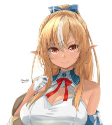 Rule 34 | 1girl, bare shoulders, blonde hair, blue bow, bow, breasts, cleavage, cleavage cutout, closed mouth, clothing cutout, commentary request, dark-skinned female, dark skin, detached sleeves, gloves, hair bow, highres, hololive, kichihachi, large breasts, long hair, looking at viewer, multicolored hair, pointy ears, ponytail, red eyes, shiranui flare, shiranui flare (1st costume), simple background, smile, solo, streaked hair, upper body, virtual youtuber, white background, white gloves, white hair