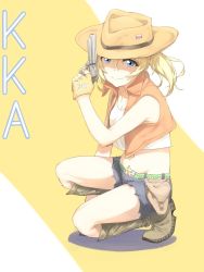 Rule 34 | 1girl, alternate costume, ayase eli, belt, blonde hair, blue eyes, blush, boots, breasts, brown footwear, cleavage, closed mouth, collarbone, cowboy hat, crop top, denim, denim shorts, finger on trigger, fingerless gloves, free style (yohan1754), gloves, gun, handgun, hat, highres, holding, holding gun, holding weapon, knee boots, looking at viewer, love live!, love live! school idol project, medium breasts, navel, revolver, short hair, short ponytail, short shorts, shorts, sleeveless, smile, solo, squatting, weapon, yellow gloves