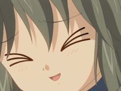 Rule 34 | &gt; &lt;, 00s, 1girl, :d, anime screenshot, brown hair, clannad, close-up, closed eyes, ibuki fuuko, lowres, open mouth, short hair, smile, solo, squinting, upper body