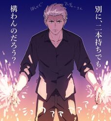 Rule 34 | 1boy, archer (fate), black pants, black shirt, closed mouth, collarbone, dark-skinned male, dark skin, fate (series), fireworks, frown, gradient background, grey background, hal (haaaalhal), holding, holding fireworks, looking at viewer, male focus, pants, shirt, short hair, short sleeves, signature, solo, sparks, straight-on, translation request, white hair