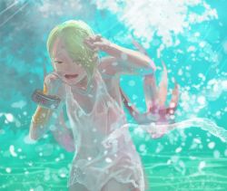 Rule 34 | 1girl, bracelet, breath of fire, breath of fire v, dress, facial mark, full-body tattoo, green hair, hair over one eye, jewelry, nina (breath of fire v), open mouth, red wings, short hair, solo, tattoo, toko (tokkotoritori), water, white dress, wings