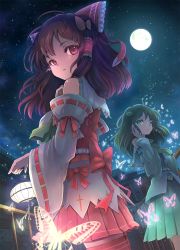Rule 34 | 2girls, adapted costume, ahoge, bad id, bad pixiv id, bare shoulders, bow, brown hair, bug, butterfly, butterfly hair ornament, colored eyelashes, cross, detached sleeves, eyelashes, female focus, from below, full moon, glowing, green eyes, green hair, hair ornament, hakurei reimu, hand on own ear, hand on own ear, highres, insect, japanese clothes, kochiya sanae, lantern, miko, moon, multiple girls, night, night sky, pinky out, pleated skirt, red eyes, sanntouhei, skirt, sky, star (sky), starry sky, thighhighs, torii, touhou, zettai ryouiki