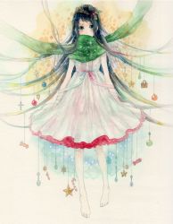 Rule 34 | 1girl, aiu (rainymarine), barefoot, black hair, blue eyes, candy, candy cane, candy wrapper, christmas ornaments, commentary request, cross, dress, feathers, food, full body, hexagram, holly, key, leaf, lock, looking at viewer, original, padlock, painting (medium), ribbon, solo, standing, star (symbol), star of david, traditional media, watercolor (medium), white dress