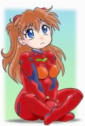 Rule 34 | 1girl, artist request, ass, bodysuit, breasts, brown hair, chibi, cowboy shot, crossed legs, full body, long hair, looking up, neon genesis evangelion, plugsuit, red bodysuit, shiny clothes, signature, simple background, solo, souryuu asuka langley, two side up, very long hair, wide hips