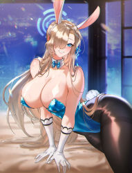 Rule 34 | 1girl, animal ears, asuna (blue archive), asuna (bunny) (blue archive), bed, black pantyhose, blue archive, blue eyes, bow, bowtie, breasts, cleavage, fake animal ears, fake tail, foolish potato, gloves, grey hair, hair over one eye, highres, large breasts, leotard, long hair, looking at viewer, pantyhose, playboy bunny, rabbit ears, rabbit tail, ribbon, solo, tail, thighhighs, traditional bowtie, white gloves, window