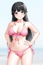 Rule 34 | 1girl, :3, bikini, black eyes, black hair, braid, breasts, cleavage, commission, contrapposto, crown braid, hair ornament, hairclip, half updo, halterneck, hands on own hips, highres, large breasts, long hair, looking at viewer, mole, mole under eye, nijisanji, pink bikini, pixiv commission, side-tie bikini bottom, simple background, solo, standing, swimsuit, tsukino mito, virtual youtuber, white background, yonsi