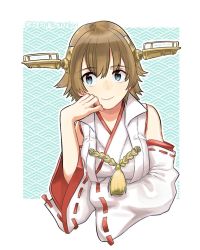 Rule 34 | 1girl, brown hair, detached sleeves, flipped hair, green eyes, hairband, headgear, hiei (kancolle), hiei kai ni (kancolle), kantai collection, looking at viewer, popped collar, ribbon-trimmed sleeves, ribbon trim, sagamiso, short hair, smile, solo, twitter username, upper body