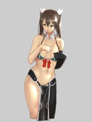 Rule 34 | 10s, 1girl, adapted costume, asymmetrical legwear, bikini, black gloves, breasts, breasts apart, brown eyes, brown hair, collarbone, detached collar, elbow gloves, gloves, green bikini, grey background, hair between eyes, hair tie, hand on own chest, hayabusa (vert 320), highres, kantai collection, long hair, looking at viewer, navel, open mouth, pelvic curtain, simple background, single glove, small breasts, solo, swimsuit, tone (kancolle), twintails, uneven legwear, upper body