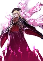 Rule 34 | 1girl, 8tan, black dress, blonde hair, chinese clothes, dress, fox tail, hat, highres, junko (touhou), long sleeves, looking at viewer, md5 mismatch, multiple tails, pointy ears, red eyes, resized, sash, simple background, sleeves past wrists, solo focus, tabard, tail, touhou, white background, wide sleeves