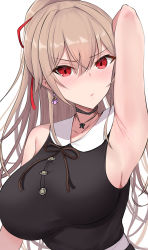 Rule 34 | 1girl, absurdres, arm up, armpits, bare arms, bare shoulders, black dress, blush, breasts, brown hair, closed mouth, collarbone, collared dress, commentary request, dress, furen e lustario, hair between eyes, highres, kirikan (cokekiri), long hair, looking at viewer, medium breasts, nijisanji, ponytail, red eyes, simple background, sleeveless, sleeveless dress, solo, v-shaped eyebrows, very long hair, virtual youtuber, white background