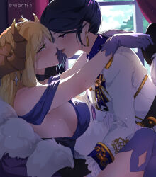 Rule 34 | 2girls, blonde hair, blush, breasts, check copyright, copyright request, curtains, day, ear chain, eye contact, gloves, green eyes, highres, horns, imminent kiss, kanan (genjitsu no yohane), light particles, long hair, looking at another, love live!, love live! sunshine!!, mari (genjitsu no yohane), matsuura kanan, medium breasts, multiple girls, niant9n, ohara mari, parted lips, purple eyes, purple hair, sideboob, twitter username, window, yuri