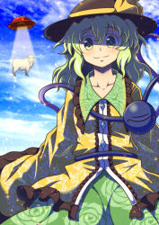 Rule 34 | 1girl, abduction, blouse, blue sky, blush, cloud, collarbone, day, embellished costume, eyeball, floral print, flying saucer, green eyes, green hair, hat, highres, komeiji koishi, light particles, light smile, looking at viewer, matching hair/eyes, outdoors, qontamblue, sheep, shirt, skirt, sky, solo, spacecraft, third eye, touhou, ufo, upper body, wavy hair