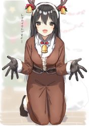 Rule 34 | 1girl, animal costume, antlers, bell, belt, black eyes, black gloves, black hair, chikuma (kancolle), commentary request, fake antlers, gloves, horns, kantai collection, kneeling, long hair, looking at viewer, one-hour drawing challenge, reindeer antlers, reindeer costume, solo, yamashichi (mtseven)
