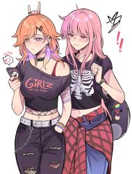 Rule 34 | 2girls, \m/, absurdres, amlichan, backpack, bag, belt, blush, bra, bracelet, bunny ears prank, casual, cellphone, chain, clothes around waist, clothes writing, collar, crop top, denim, ear piercing, earrings, hair ornament, hairclip, hand in pocket, highres, holding, holding phone, hololive, hololive english, jeans, jewelry, long hair, looking at phone, looking down, medium hair, midriff, mori calliope, multicolored hair, multiple girls, off shoulder, orange hair, pants, phone, piercing, pin, pink eyes, pink hair, rainbow print, red bra, shirt, short sleeves, skeleton print, skull earrings, smartphone, smirk, spiked bracelet, spiked collar, spikes, spoken symbol, sweater, sweater around waist, t-shirt, takanashi kiara, tattoo, torn clothes, torn pants, two-tone hair, underwear, virtual youtuber, wristband