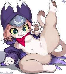Rule 34 | 1girl, :3, animal hood, blue eyes, breasts, cat girl, cat hood, cat tail, claws, colored sclera, fangs, felyne, furry, furry female, hood, krokobyaka, leg up, looking at viewer, lying, monster hunter (series), monster hunter stories 2, navel, on side, open mouth, pink hair, shortstack, simple background, smile, stomach, tail, thick thighs, thighs, tsukino (monster hunter), whiskers, yellow sclera
