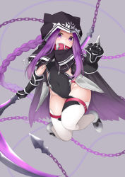 Rule 34 | 1girl, absurdres, animal ears, animal hood, black capelet, black cloak, black gloves, black leotard, blurry, blurry background, boots, braid, capelet, chain, cloak, closed mouth, collar, commentary request, covered navel, depth of field, fake animal ears, fate/grand order, fate (series), full body, gloves, grey background, grey footwear, groin, hashiko nowoto, highres, holding, holding weapon, hood, hood up, hooded capelet, leotard, long hair, medusa (fate), medusa (lancer) (fate), medusa (rider) (fate), purple eyes, purple hair, red collar, rider, sidelocks, simple background, single braid, solo, spikes, thighhighs, vambraces, very long hair, weapon, white thighhighs