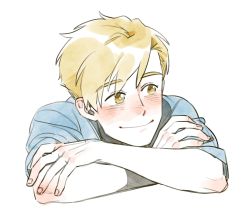 Rule 34 | 1013 1014rt, 1boy, alphonse elric, blonde hair, blue shirt, blush, closed mouth, cropped shoulders, crossed arms, elbow blush, eyes visible through hair, facing viewer, fingernails, fullmetal alchemist, hands on own arms, happy, highres, light blush, looking to the side, male focus, nose blush, pale skin, shirt, simple background, sleeves rolled up, smile, swept bangs, tareme, upper body, white background, yellow eyes