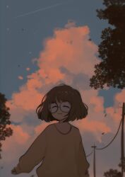 Rule 34 | 1girl, absurdres, blurry, brown hair, closed eyes, cloud, commentary, creator (neneneqo), evening, glasses, highres, leaf, medium hair, neqo (neneneqo), original, sleeves past wrists, smile, solo, sweater, symbol-only commentary, tree, upper body, utility pole, yellow sweater