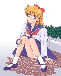 Rule 34 | 1990s (style), 1girl, 4bpp, aino minako, akusyu 0.5 second, aliasing, arm support, bishoujo senshi sailor moon, blonde hair, blue eyes, blue skirt, breasts, dithering, earrings, female focus, full body, gradient background, head tilt, jewelry, long hair, looking at viewer, mary janes, on ground, panties, pantyshot, parted lips, plant, potted plant, retro artstyle, school uniform, serafuku, shoes, simple background, sitting, skirt, small breasts, socks, solo, underwear, white panties, white socks