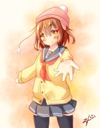 Rule 34 | 10s, 1girl, anchor symbol, blush, brown eyes, brown hair, commentary request, hair ornament, hairclip, ikazuchi (kancolle), kantai collection, looking at viewer, minazuki mizu, neckerchief, offering hand, outstretched arm, reaching, school uniform, serafuku, short hair, signature, skirt, smile, solo, sweater, thighhighs, beanie