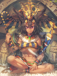 Rule 34 | 1girl, abs, animal ears, ankle garter, anklet, artist name, barefoot, black hair, breasts, dark skin, dark-skinned female, egyptian, hat, highres, indian style, jewelry, khufu, large breasts, long hair, looking at viewer, melon22, navel, original, red eyes, sengoku collection, sitting, solo, staff, sword, underboob, very long hair, weapon, wrist cuffs