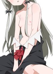 Rule 34 | 1girl, absurdres, black dress, breasts, clothes pull, collarbone, commentary request, dress, dress pull, grey hair, highres, long hair, looking at viewer, morisobo, nipples, parted lips, simple background, sitting, small breasts, solo, sophie twilight, tonari no kyuuketsuki-san, white background