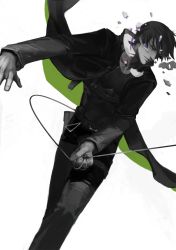 Rule 34 | 1boy, black hair, coat, darker than black, harness, hei (darker than black), high contrast, male focus, manly, mask, monochrome, short hair, simple background, solo, spot color, trench coat, white-corner, white background, wire