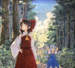 Rule 34 | 2girls, :o, arm at side, arms behind head, arms up, ascot, blue dress, blue eyes, blue hair, blue sky, brown eyes, brown hair, cirno, cloud, commentary request, day, detached sleeves, dress, forest, hair between eyes, hair ribbon, hair tubes, hakurei reimu, hand on own hip, looking to the side, looking up, marker (medium), multiple girls, nature, neck ribbon, outdoors, pinafore dress, puffy short sleeves, puffy sleeves, red neckwear, red skirt, red vest, ribbon, ribbon-trimmed sleeves, ribbon trim, road, shiratama (hockey), shirt, short hair, short sleeves, sidelocks, skirt, sky, sleeveless dress, standing, touhou, traditional media, vest, white shirt, wings, yellow neckwear