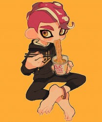 Rule 34 | 1boy, agent 8 (splatoon), alternate costume, anklet, barefoot, black hoodie, black pants, blush stickers, chopsticks, commentary, cup, cup ramen, eating, food in mouth, full body, holding, holding chopsticks, holding cup, hood, hood down, hoodie, indian style, jewelry, looking to the side, male focus, nintendo, octoling boy, octoling player character, orange background, orange eyes, outline, pants, print hoodie, red hair, short hair, sitting, solo, splatoon (series), splatoon 2, splatoon 2: octo expansion, suction cups, tentacle hair, thick eyebrows, white outline, ze090