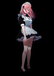 Rule 34 | 1girl, absurdres, apron, bare arms, bare legs, black dress, black footwear, black ribbon, blush, covered mouth, dress, empty eyes, floating hair, full body, hair between eyes, hair over face, hair over one eye, highres, long hair, looking at viewer, maid, maid apron, maid headdress, neck ribbon, one eye covered, original, pink hair, ribbon, shoes, short dress, short sleeves, simple background, solo, standing, white apron, youichi (45 01)