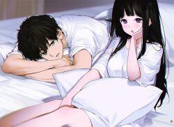 Rule 34 | 1boy, 1girl, artist logo, bare legs, bed, black hair, blanket, blush, breasts, brown hair, chitanda eru, chromatic aberration, dress shirt, green eyes, hand on own cheek, hand on own face, holding, holding pillow, hyouka, large breasts, long hair, looking at another, lying, mery (yangmalgage), on bed, on stomach, open mouth, oreki houtarou, pillow, purple eyes, shadow, shirt, short hair, short sleeves, sidelocks, simple background, sitting, smile, white shirt