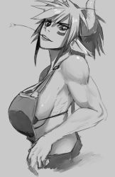 Rule 34 | 10s, 1girl, alternate breast size, animal ears, bad deviantart id, bad id, bankage, bikini, bikini top only, breasts, cathyl, cow ears, cow horns, greyscale, horns, large breasts, minotaur, monochrome, monster girl, monster musume no iru nichijou, mouth hold, muscular, muscular female, overalls, short hair, sideboob, straw (stalk), swimsuit, upper body