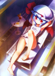 Rule 34 | 1girl, armpits, barefoot, bat wings, blue hair, chair, colored eyelashes, drink, female focus, hat, lounge chair, lying, on back, one-piece swimsuit, red eyes, remilia scarlet, school swimsuit, short hair, solo, swimsuit, table, taharu kousuke, touhou, white school swimsuit, white one-piece swimsuit, wings