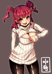Rule 34 | 1girl, absurdres, alternate costume, bad id, bad pixiv id, black pantyhose, breasts, cleavage, cleavage cutout, clothing cutout, grey background, hair bobbles, hair ornament, highres, jewelry, large breasts, long sleeves, meme attire, nanahi toshi, necklace, no pants, onozuka komachi, open-chest sweater, open mouth, pantyhose, pendant, red eyes, red hair, ribbed sweater, simple background, smile, solo, sweater, touhou, turtleneck, two side up