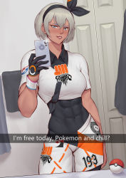 Rule 34 | 1girl, abs, absurdres, bathroom, bea (pokemon), black bodysuit, black gloves, black hairband, bodysuit, bodysuit under clothes, bow hairband, breasts, cellphone, collared shirt, commentary, contrapposto, covered abs, covered navel, creatures (company), crop top, dark-skinned female, dark skin, dynamax band, english commentary, english text, game freak, gloves, grey eyes, grey hair, hairband, highres, holding, holding phone, looking down, medium breasts, meme, mirror, muscular, muscular female, netflix and chill (meme), nintendo, nose, phone, pokemon, pokemon swsh, print shirt, print shorts, selfie, shirt, short hair, short sleeves, shorts, single glove, smartphone, snapchat, solo, speedl00ver, standing, thick eyebrows, tied shirt